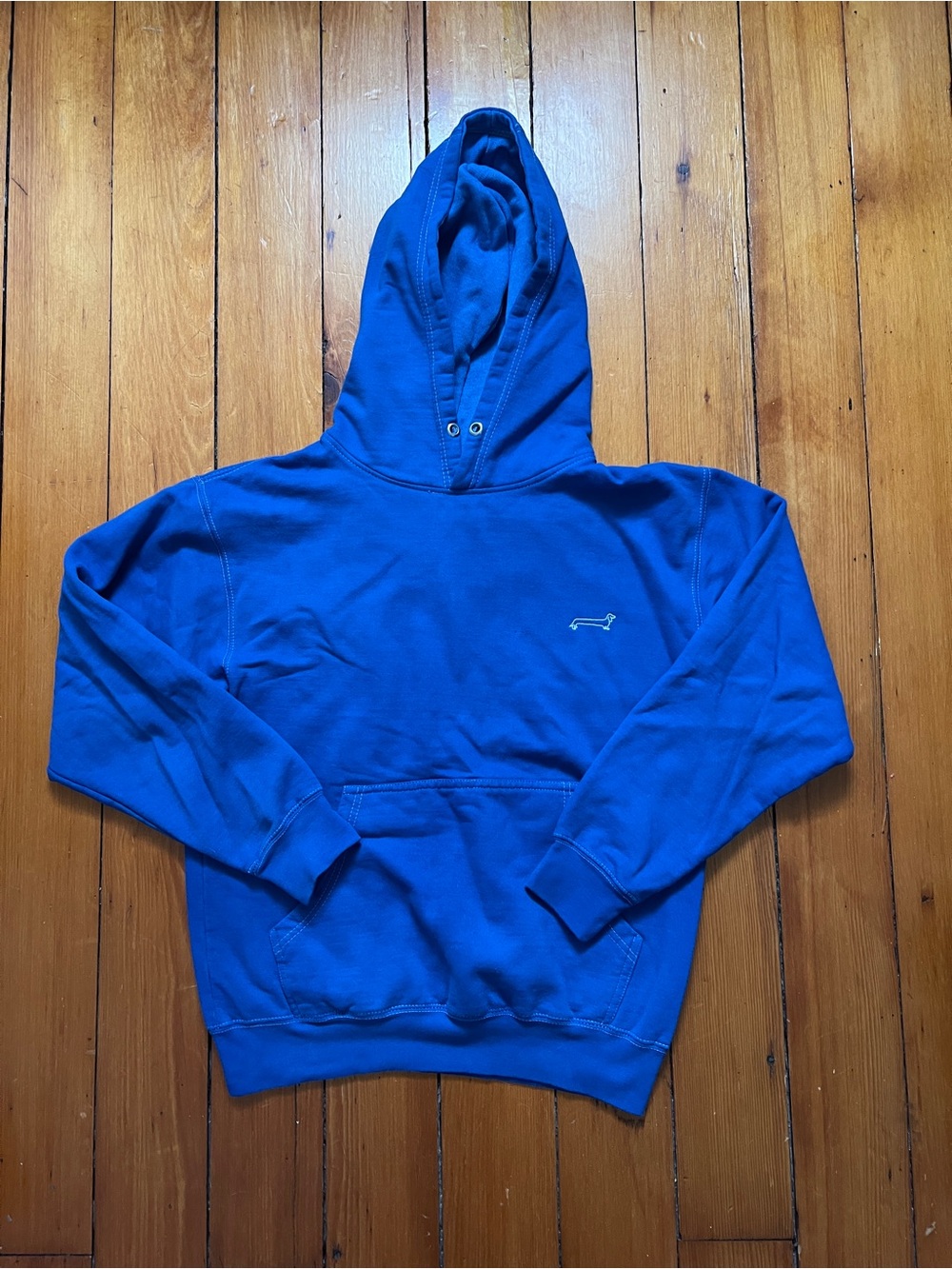 molly baz cobalt blue sweatshirt with tuna dog embroidered small